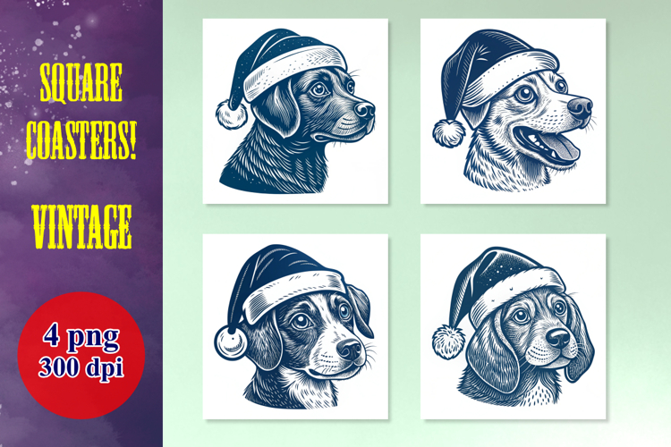 4 Vintage Christmas Dog Coasters PNG Bundle - Santa Pups