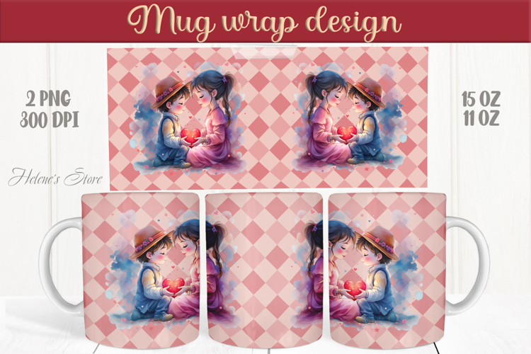 Cute kids couple & heart Mug wrap sublimation| Boy and girl