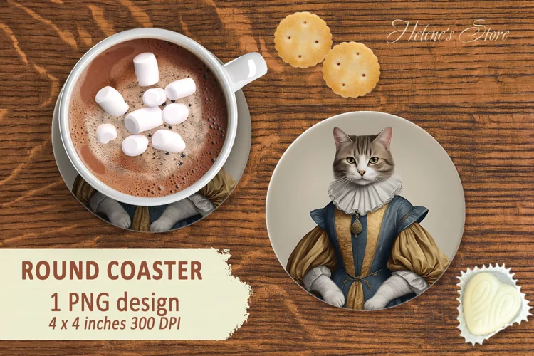 Lady cat Round Coaster sublimation| cat in medieval costume