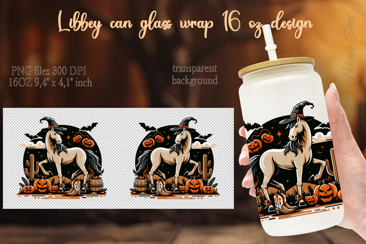Halloween horse witch hat Libbey Can Glass Wrap 16oz design