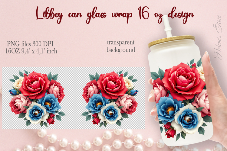 Red White Blue roses Libbey Can Glass Wrap 16oz design png