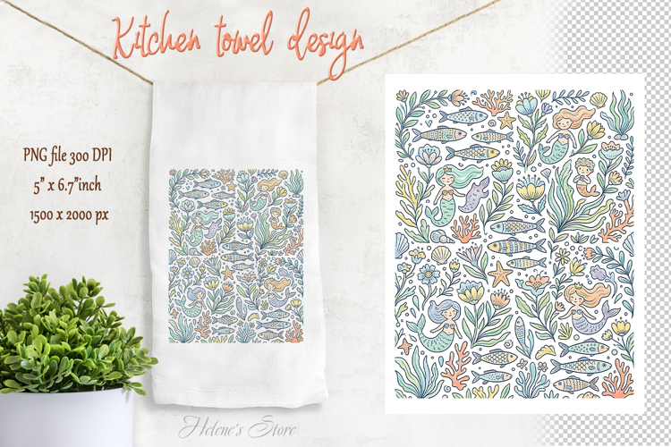 Funny Ocean life| Cute folk floral pattern kitchen towel png