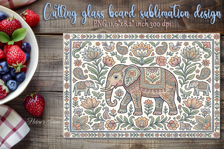 Pastel elephant folk floral tile glass cutting board design