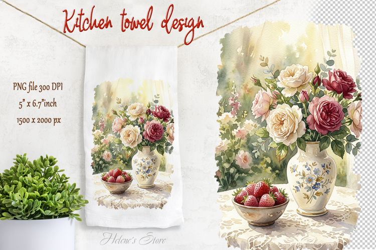 Roses bouquet and strawberry farmhouse kitchen towel png