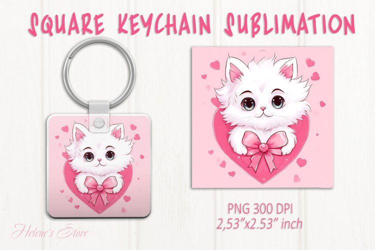 Cute cat keychain sublimation | Pink love Square keychain