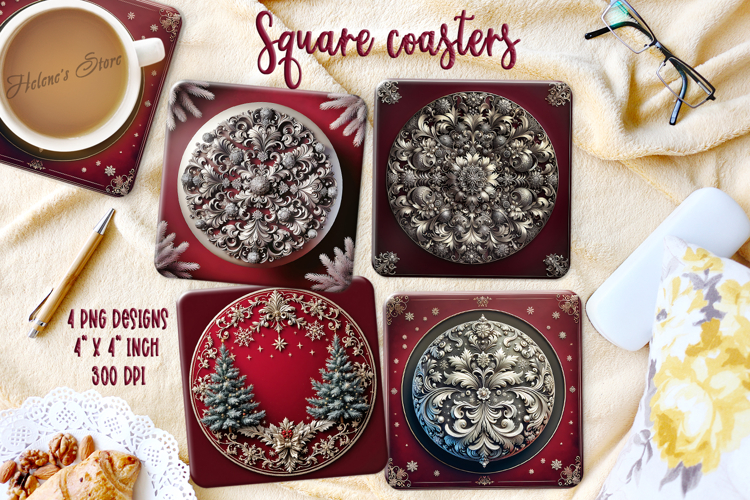 Vintage Christmas silver pattern square coasters sublimation