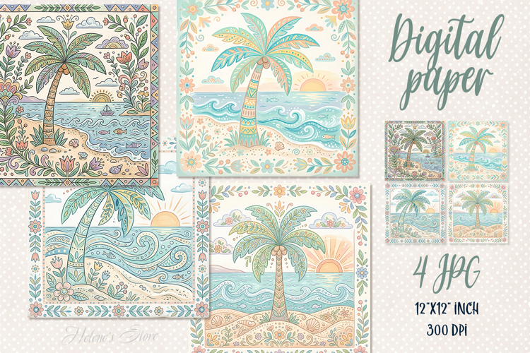 Folk floral ocean tiles digital papers jpeg | Scrap booking