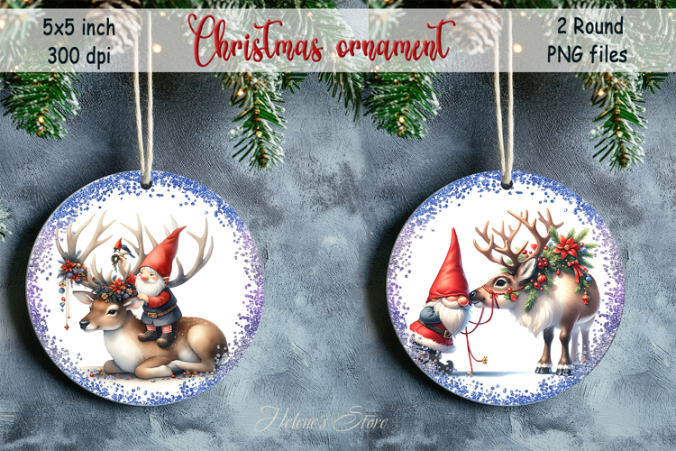 Funny gnome and deer round ornament sublimation designs png