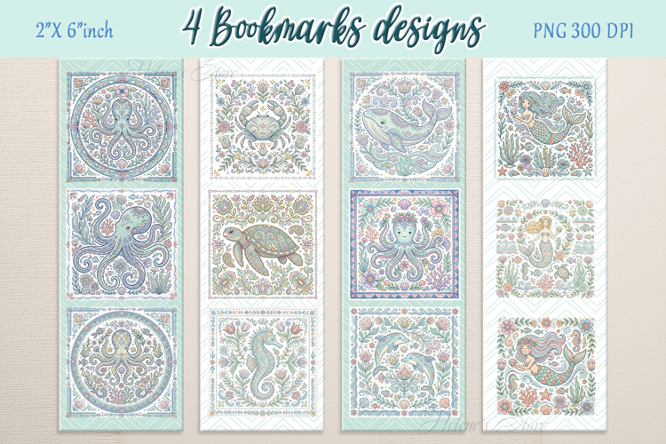 Pastel sea life pattern Printable bookmark png |4 Book craft