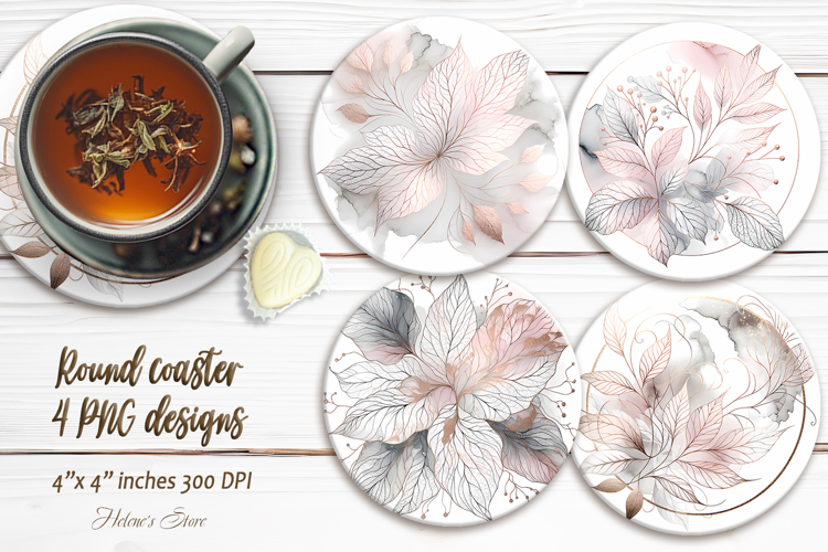 Watercolor Pink Leaves round coaster sublimation designs png