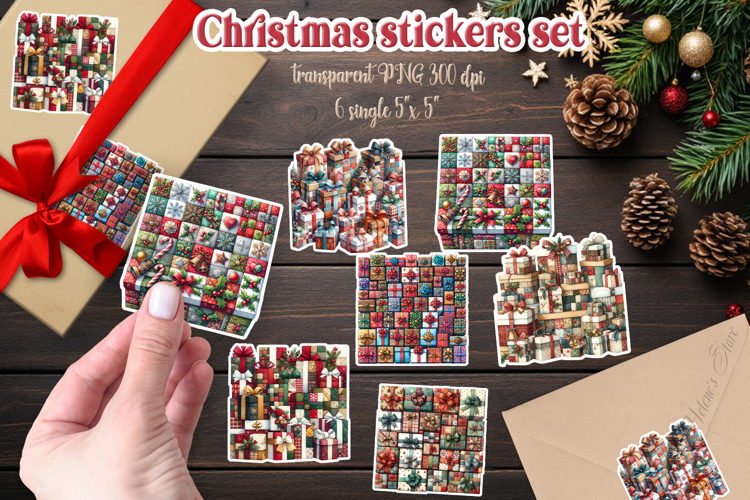 Christmas patchwork present gifts stickers | Gift box png