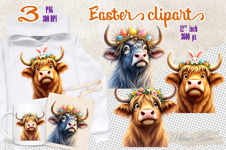 Easter highland cows Sublimation designs | Farmhouse clipart