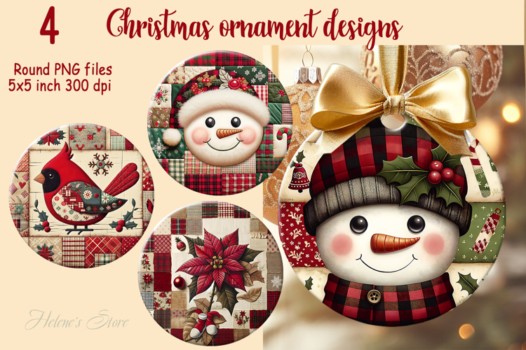 Christmas patchwork round ornament sublimation designs PNG