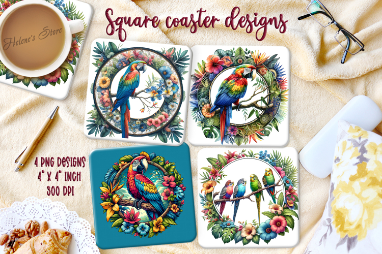 Cute parrot on round floral frame square coaster design png