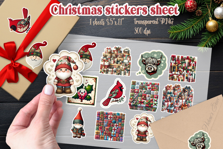 Christmas patchwork printables stickers sheet | Gnome png
