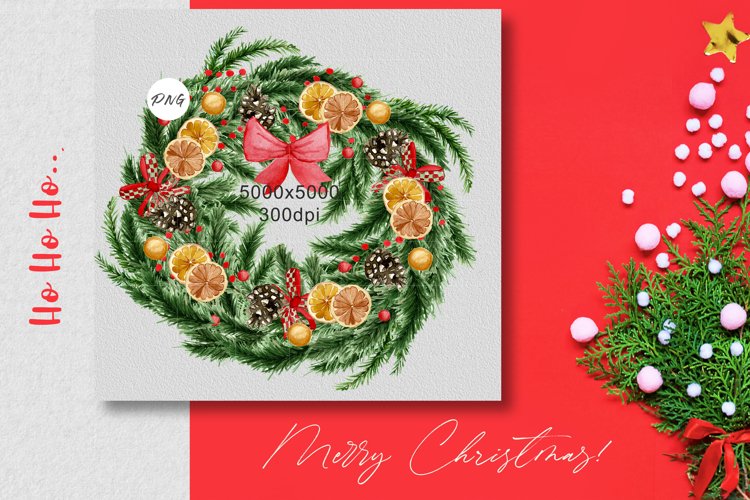 Watercolor christmas green coniferous wreath with decor PNG example image 1