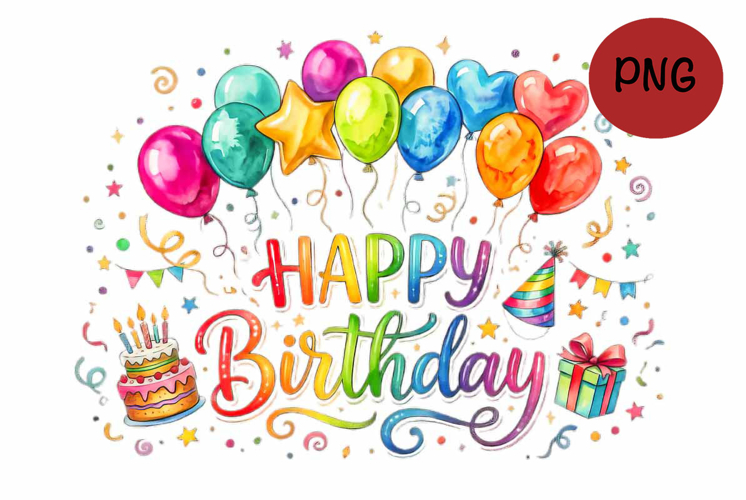 Happy Birthday to you text with balloon and confetti PNG