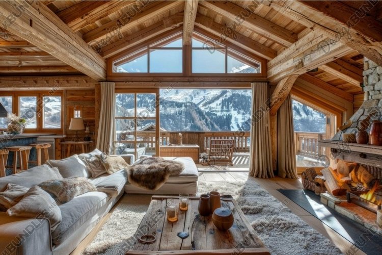 Spacious and cozy wooden chalet interior overlooking snow co example image 1
