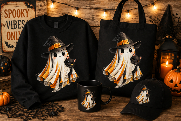 Cute Ghost with Black Cat PNG | Halloween Witch Sublimation