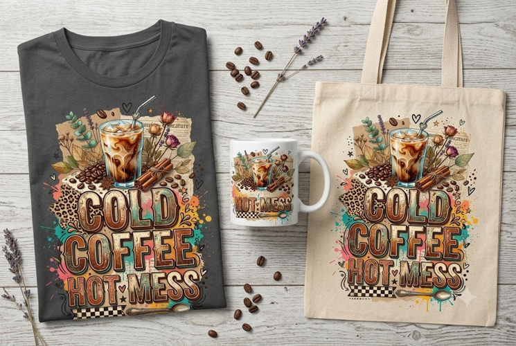 Cold Coffee Hot Mess PNG Retro Coffee Lover Quote Design