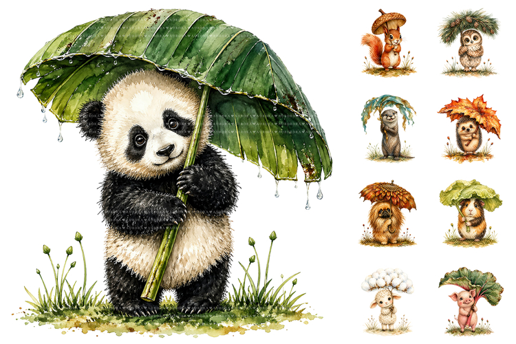 Watercolor Baby Animals Holding Botanical Umbrellas Clipart