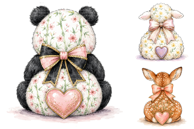 Watercolor Animal Floral Bow PNG Clipart Bundle