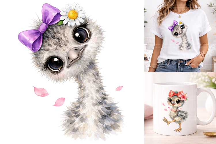 Cute Watercolor Baby Ostrich Clipart