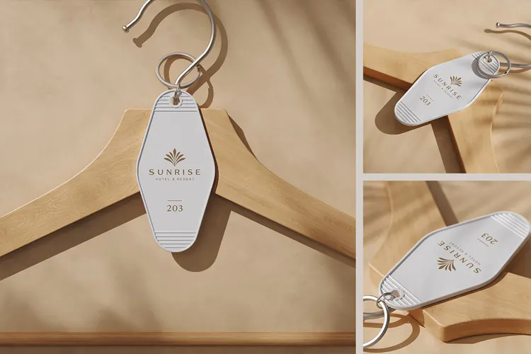 Retro Hotel Keychain on Clothes Hanger Mockup