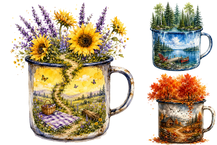 Watercolor Camping Mug Clipart, Cottagecore PNG Bundle