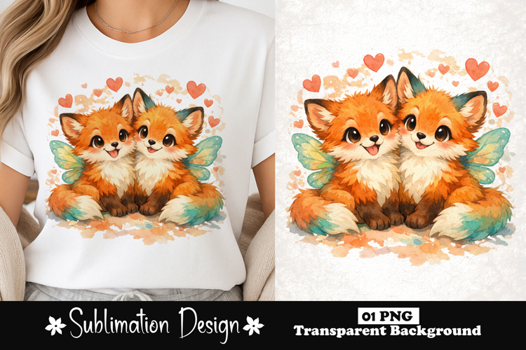 Cute Fox Couple Watercolor Sublimation PNG