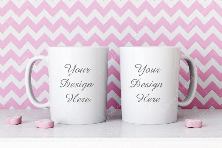 Two White Coffee Mugs mockup Valentine's Day, JPG example image 1