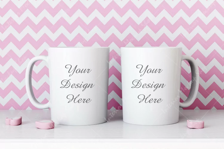 Two White Coffee Mugs mockup Valentine's Day, JPG
