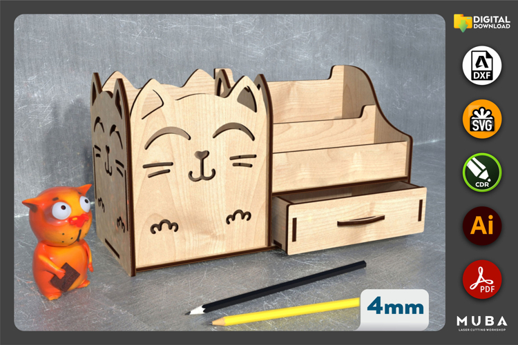 Laser cut kids cat holder organizer svg template Glowforge