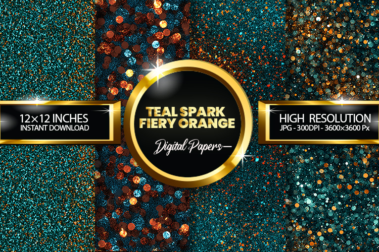 Teal Spark Fiery Orange Glitter Digital Papers - 04 Varition