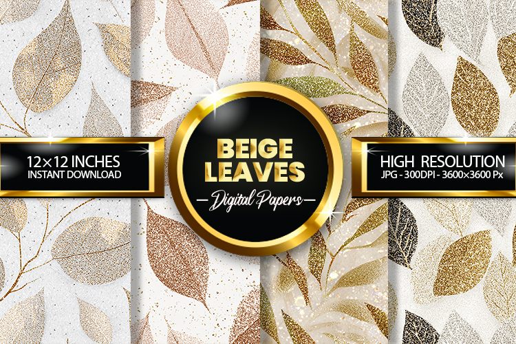 Beige Leaves Glitter Digital Papers - 04 Variations