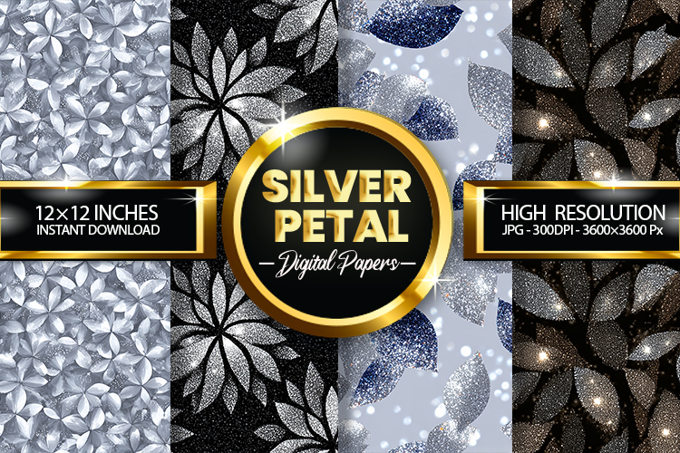 Silver Petal Glitter Digital Papers - 04 Variations