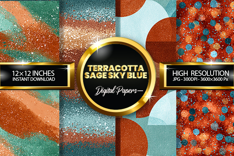 Terracotta Sage Sky Blue Glitter Digital Papers- 04 Varition