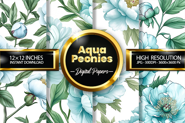 Aqua Peonies Digital Papers - 04 Variations