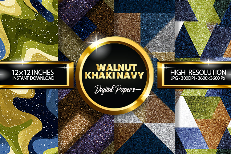 Walnut Khaki Navy Glitter Digital Papers - 04 Varitions