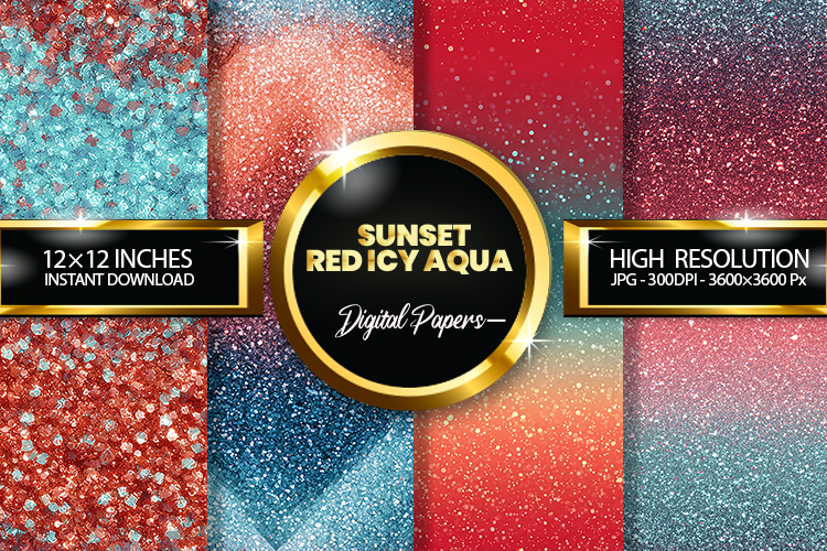 Sunset Red Icy Aqua Glitter Digital Papers - 04 Varitions