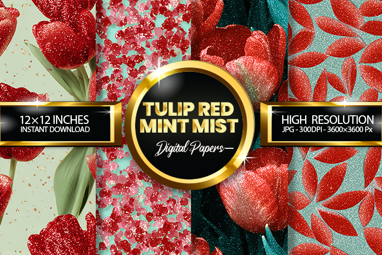 Tulip Red Mint Mist Glitter Digital Papers - 04 Varitions