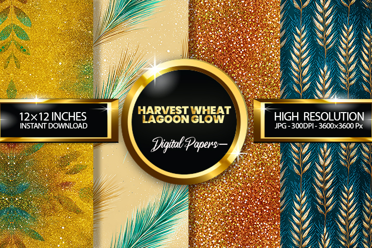 Harvest Wheat Lagoon Glow Glitter Digital Papers