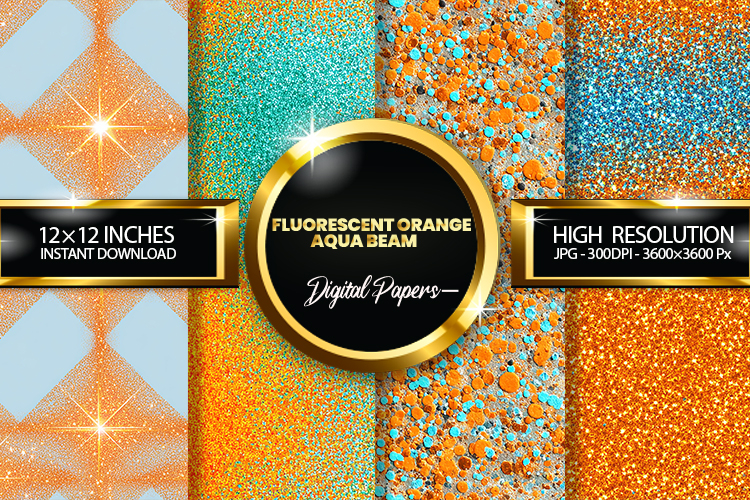 Fluorescent Orange Aqua Beam Glitter Digital Papers