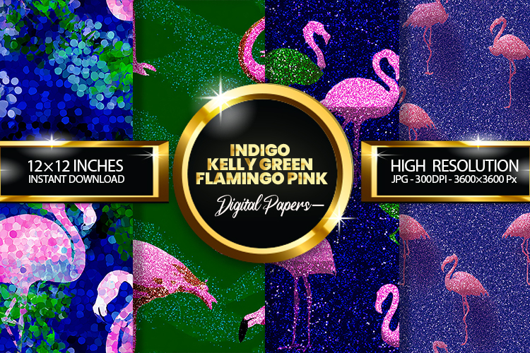 Indigo Kelly Green Flamingo Pink Glitter Digital Papers