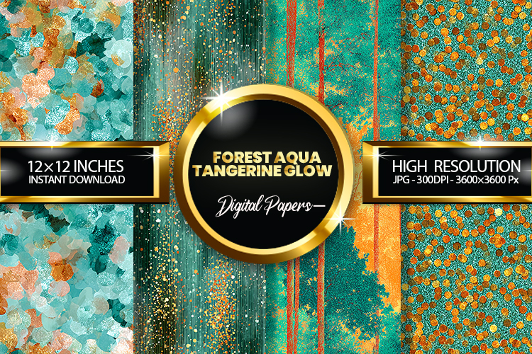 Forest Aqua Tangerine Glow Glitter Digital Papers Glitter