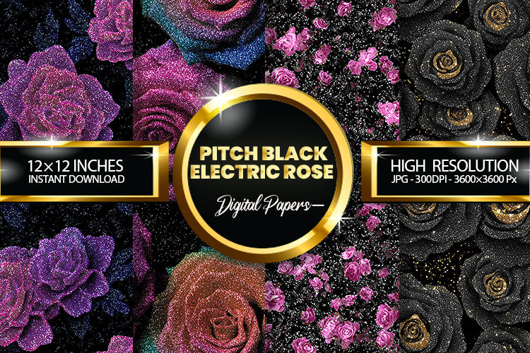 Pitch Black Electric Rose Glitter Digital Papers