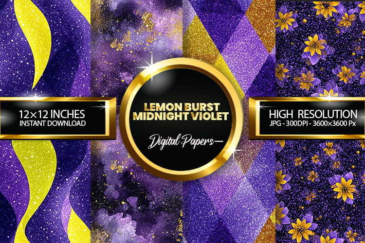 Lemon Burst Midnight Violet Glitter Digital Papers