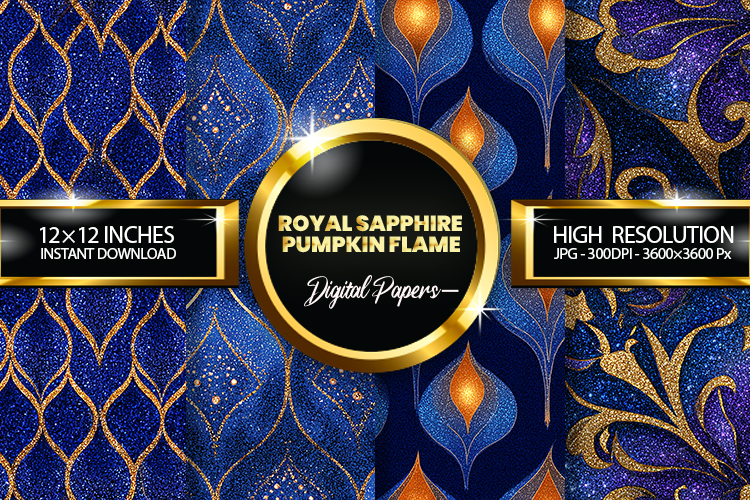 Royal Sapphire Pumpkin Flame Glitter Digital Papers
