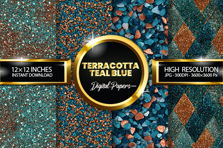 Terracotta Teal Blue Glitter Digital Papers - 04 Varitions