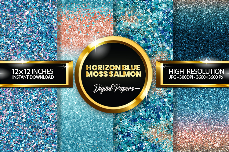 Horizon Blue Moss Salmon Glitter Digital Papers Glitter